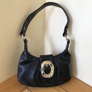 Black Faux Leather Mini Bag Purse with Silver-tone Rhinestone Buckle